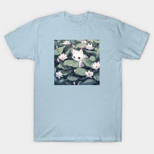 Cute white kitten in a field of lotus flowers T-Shirt